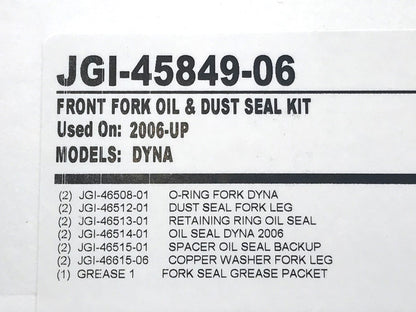 49mm Fork Seal Kit. Fits Dyna 2006-2017, Rocker 2008-2011, V-Rod 2002-2011, Touring 2014up, Breakout 2013up & Some Softail 2018up