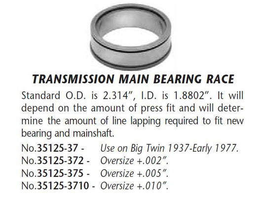 Transmission Main Bearing Race. Fits Big Twin 1937-1977.