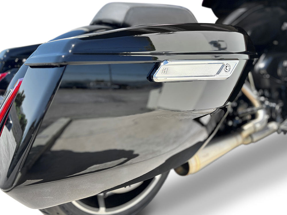 New Style Saddlebag Latch Covers - Chrome. Fits CVO Touring 2023up & Street Glide & Road Glide 2024up.
