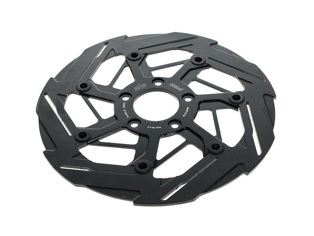 11.8in. Front 7-Spoke Disc Rotor - Polished Band & Black Carrier. Fits Dyna 2006-2017, Softail 2015up, Sportster 2014-2021 & Some Touring 2008up.