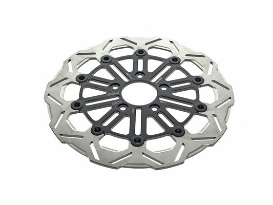 11.8in. Front 10-Spoke Disc Rotor - Polished Band & Black Carrier. Fits Dyna 2006-2017, Softail 2015up, Sportster 2014-2021 & Some Touring 2008up.