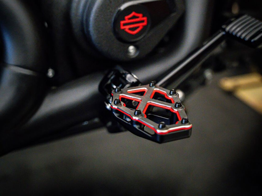 NXL Redline Footpegs - Black,Red & Stainless. Fits Softail 2018up, Pan America 2021up & Sportster S 2021up Front Rider