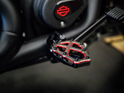 NXL Redline Footpegs - Black,Red & Stainless. Fits Softail 2018up, Pan America 2021up & Sportster S 2021up Front Rider