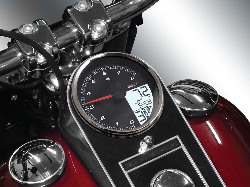 4-1/2in. Tank Mount Speedometer with Tachometer - Silver. Fits Softail 2011-2017, Road King 2014up & Dyna Switchback, Custom & Fat Bob 2012-2017.