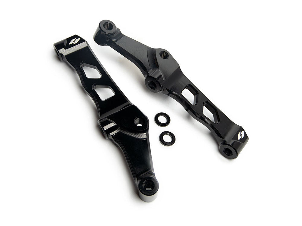 108mm Left and Right Front Radial Caliper Mounts - Black. Sold as a Pair. Fits Big Twin 2000up