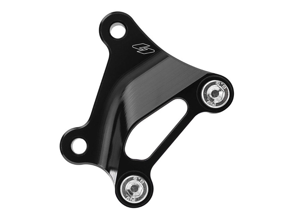 Left and Right Oversize Front Caliper Mounts - Black. Fits Softail 2015up and Touring 2008up.