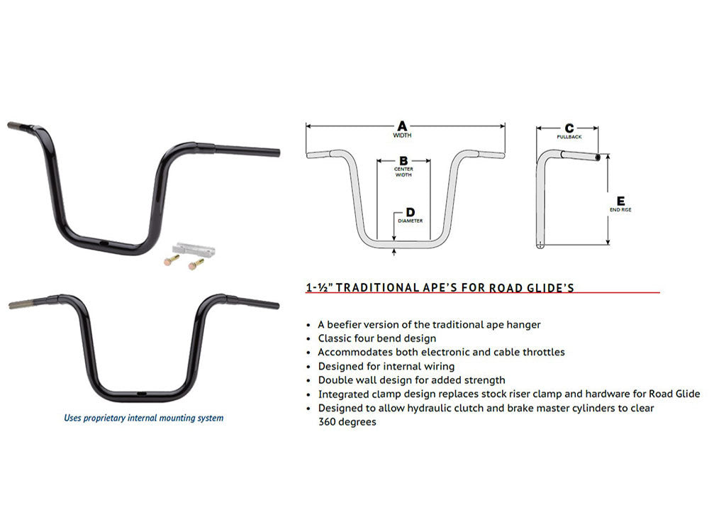 10in. x 1-1/2in. Grande Traditional Ape Handlebar - Gloss Black. Fits Road Glide 2015-2023