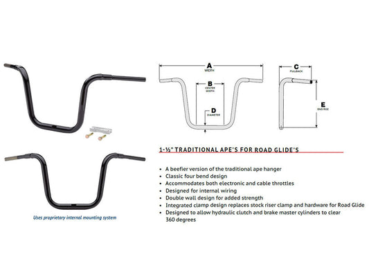 10in. x 1-1/2in. Grande Traditional Ape Handlebar - Gloss Black. Fits Road Glide 2015-2023