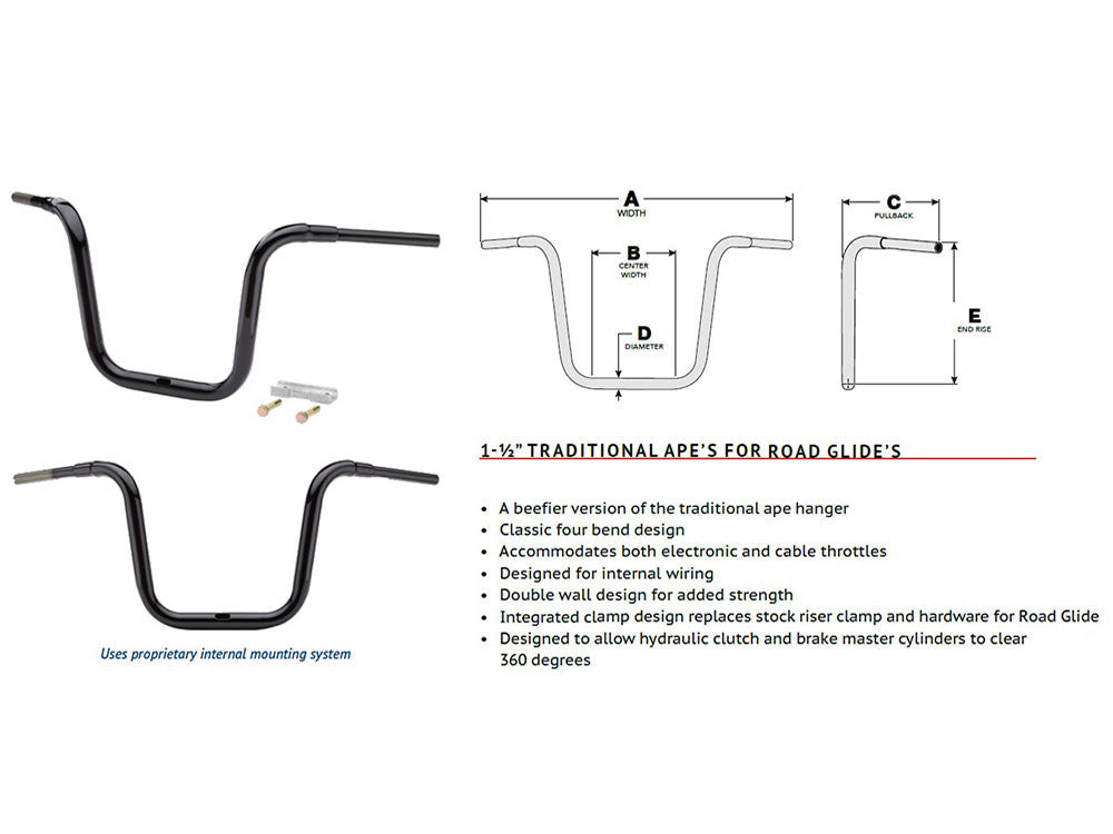 16in. x 1-1/2in. Grande Traditional Ape Handlebar - Gloss Black. Fits Road Glide 2015-2023