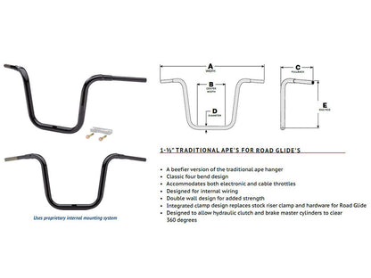 16in. x 1-1/2in. Grande Traditional Ape Handlebar - Gloss Black. Fits Road Glide 2015-2023