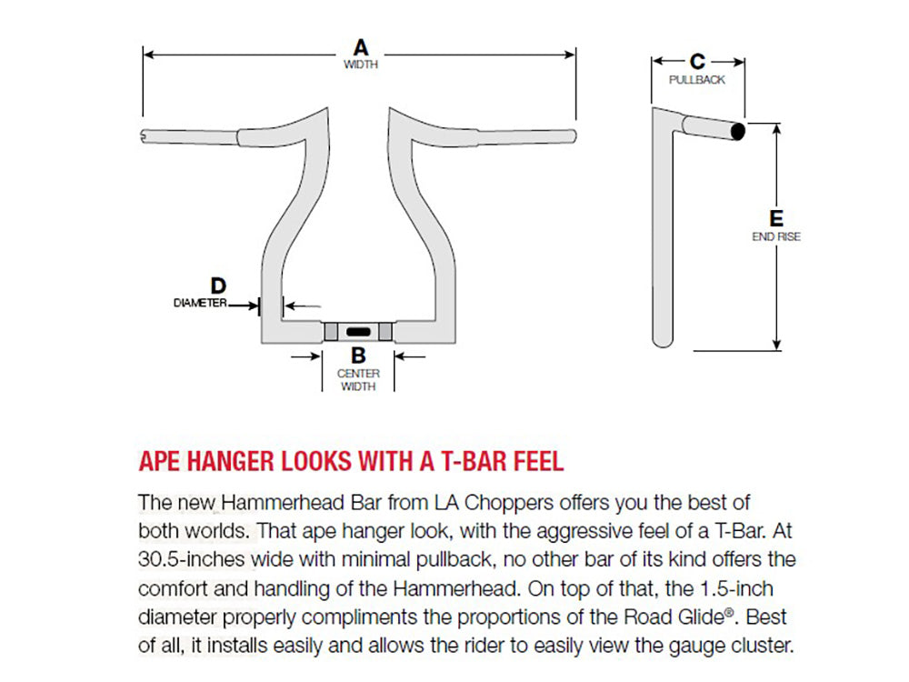 16in. x 1-1/2in. Hammerhead Handlebar - Chrome. Fits Road Glide 2015-2023 & Road King Special 2017-2025