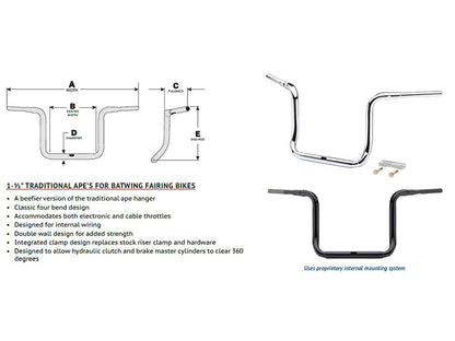 12in. x 1-1/2in. Grande Traditional Ape Handlebar - Gloss Black. Fits Ultra Models 2014up and Street Glide 2014-2023