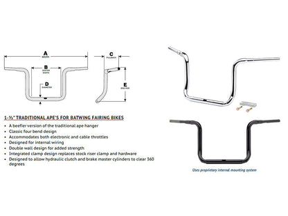 14in. x 1-1/2in. Grande Traditional Ape Handlebar - Gloss Black. Fits Ultra Models 2014up and Street Glide 2014-2023