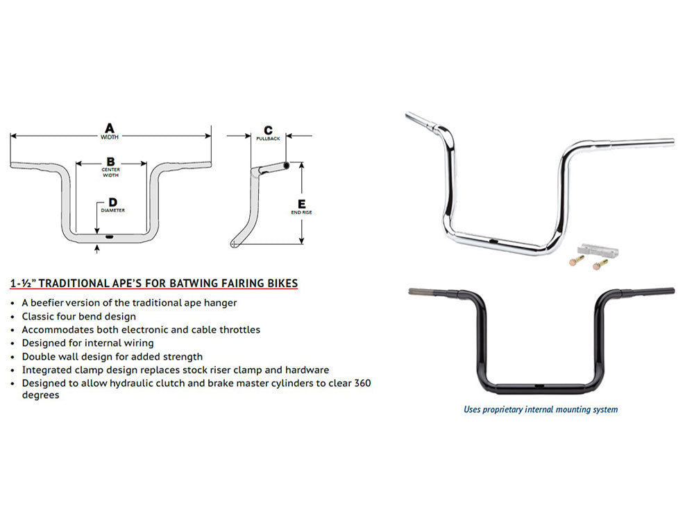 16in. x 1-1/2in. Grande Traditional Ape Handlebar - Gloss Black. Fits Ultra Models 2014up and Street Glide 2014-2023