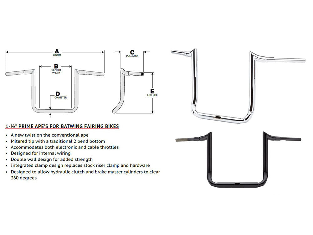 16in. x 1-1/2in. Grande Prime Ape Handlebar - Chrome. Fits Ultra Models 2014up and Street Glide 2014-2023