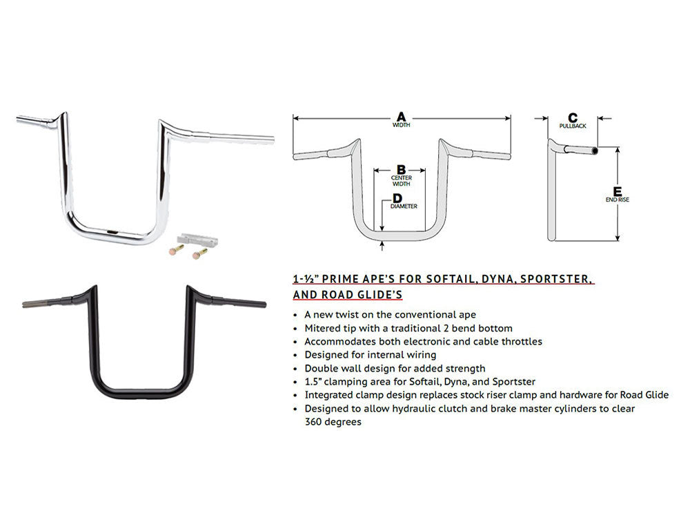 12in. x 1-1/2in. Grande Prime Ape Handlebar - Gloss Black. Fits Road Glide 2015-2023 & Road King Special 2017up