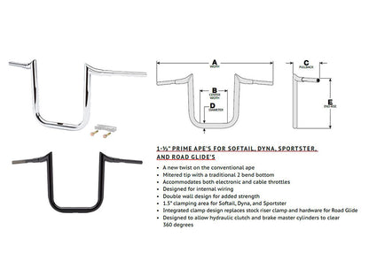 12in. x 1-1/2in. Grande Prime Ape Handlebar - Gloss Black. Fits Road Glide 2015-2023 & Road King Special 2017up