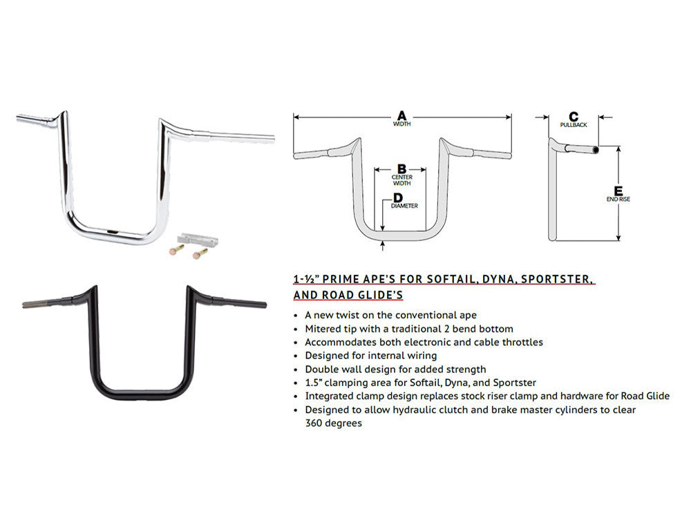 16in. x 1-1/2in. Grande Prime Ape Handlebar - Gloss Black. Fits Road Glide 2015-2023 & Road King Special 2017up