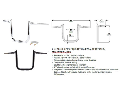 16in. x 1-1/2in. Grande Prime Ape Handlebar - Gloss Black. Fits Road Glide 2015-2023 & Road King Special 2017up