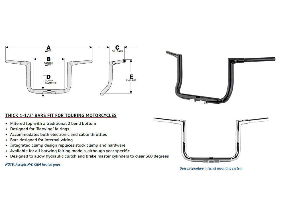 12in. x 1-1/2in. Grande Twin Peaks Handlebar - Gloss Black. Fits Ultra Models 2014up and Street Glide 2014-2023