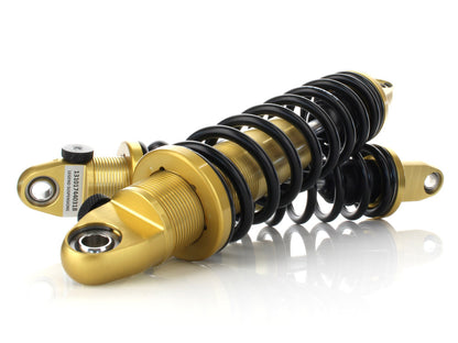 REVO-A Series, 14in. Adjustable Heavy Duty Spring Rate Rear Shock Absorbers - Gold. Fits Dyna 1991-2017.