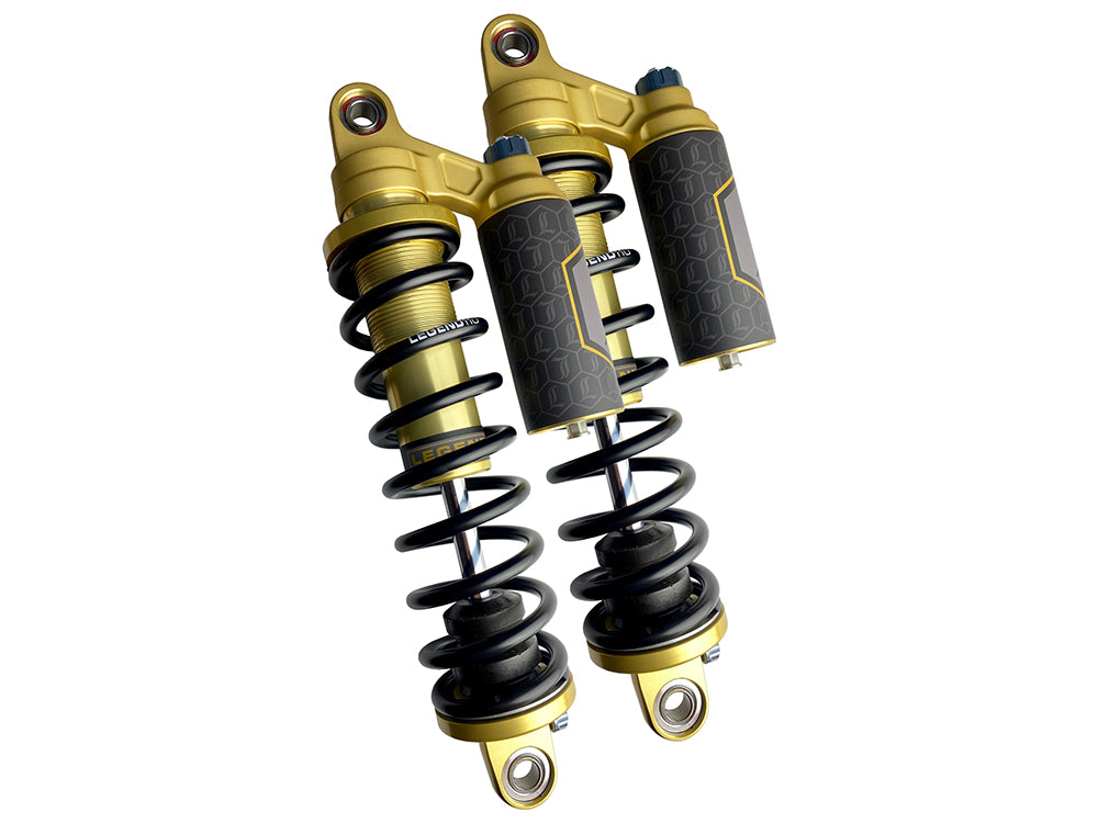 Revo ARC Piggyback Suspension. 13in. Adjustable Rear Shock Absorbers - Gold. Fits Dyna 1991-2017.