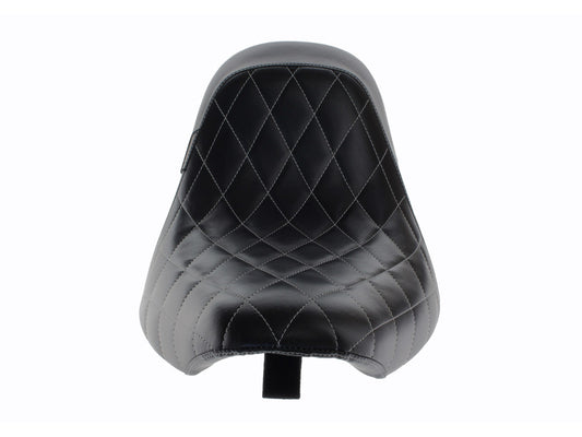 Bare Bones Solo Seat with White Diamond Stitch. Fits Softail 2006-2017 with 200 OEM Rear Tyre.