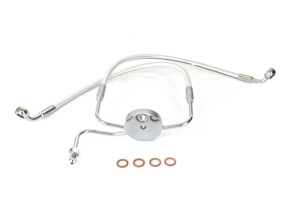 Lower Front Brake Line with T-Piece - Sterling Chromite. Fits Sportster 2004-2013 with Dual Front Calipers