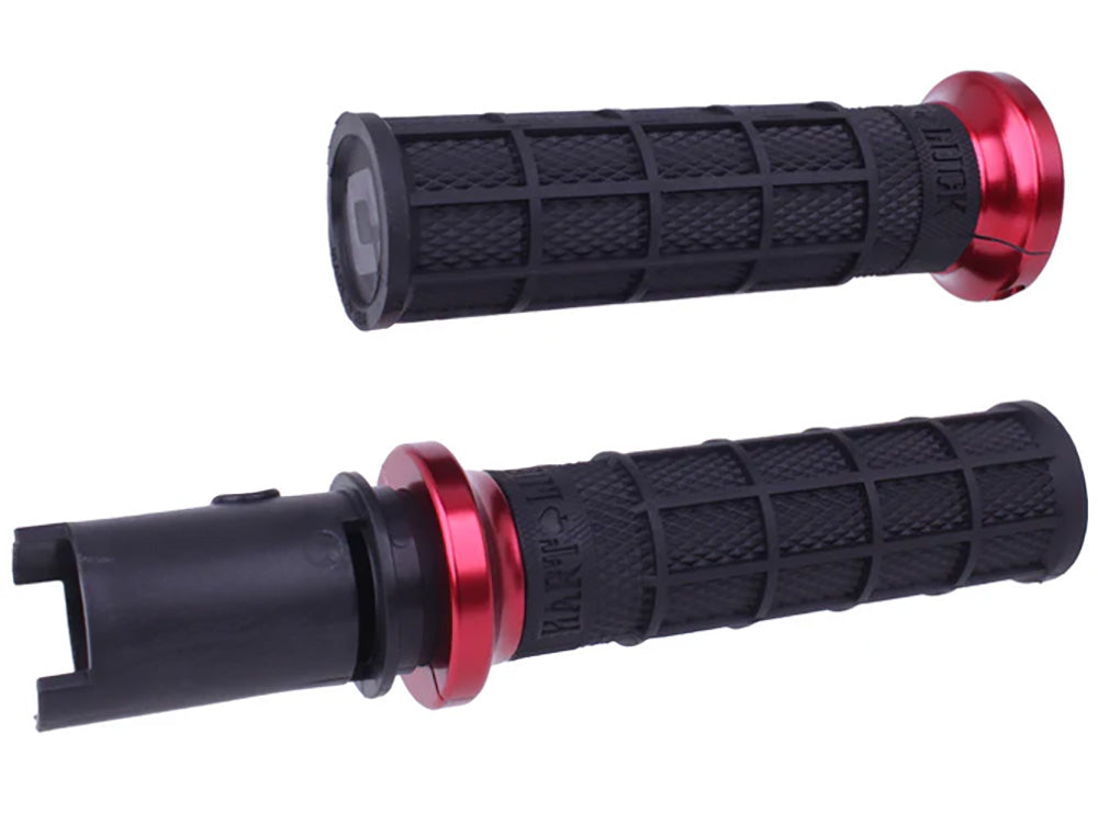 Hart-Luck Full Waffle Lock-On Handgrips - Red. Fits CVO Touring 2023up, Street Glide & Road Glide 2024up, Touring 2025up & Softail 2025up