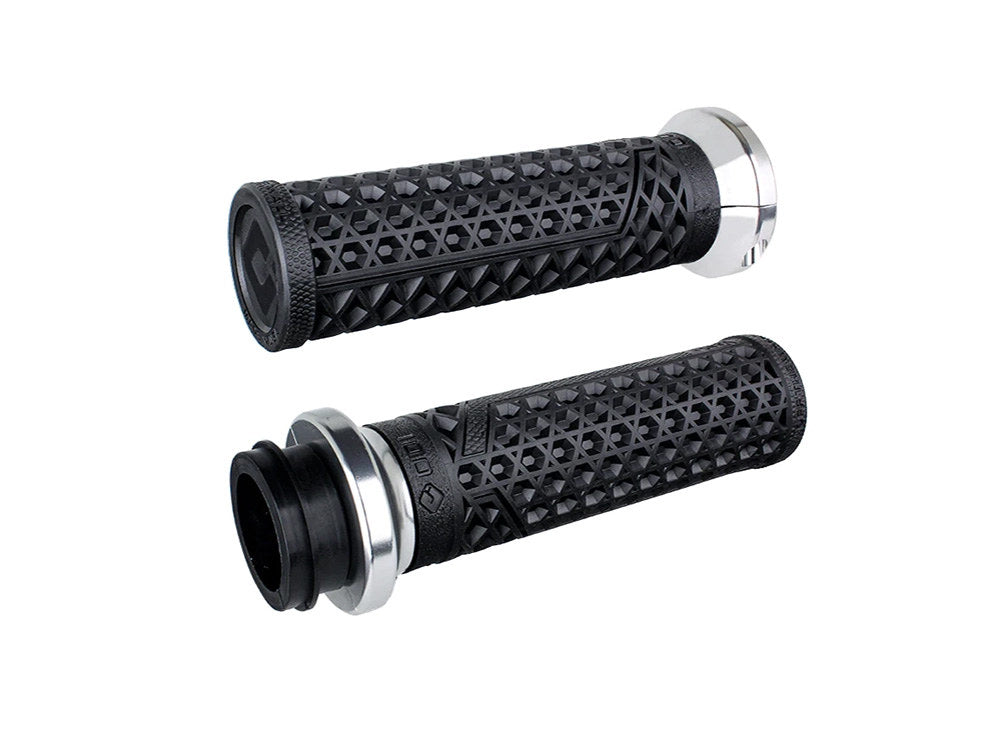 Vans Signature Lock-On Handgrips - Black/Silver. Fits H-D with Throttle Cable.