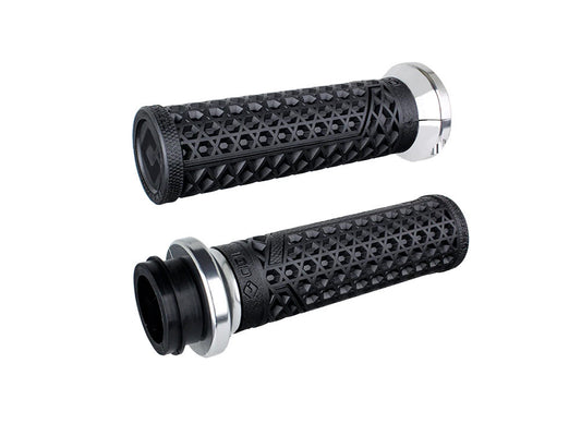 Vans Signature Lock-On Handgrips - Black/Silver. Fits H-D with Throttle Cable.
