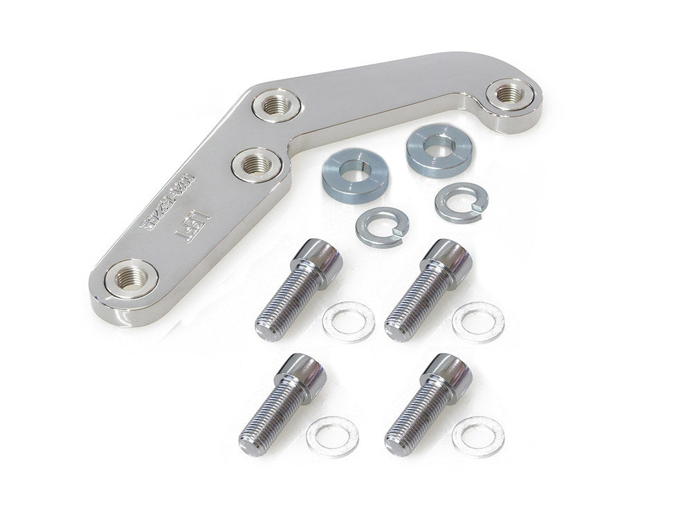 Left Hand Front Caliper Mount - Chrome. Fits Big Twin & Sportster 1984-1999 Models with Narrow Glide Front End & Spoke wheel.