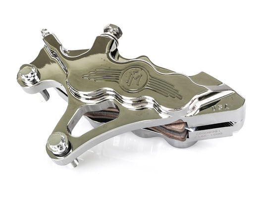 Left Hand Front 6 Piston Caliper - Chrome. Fits Softail 2000-2017, Dyna 2000-2005, Touring 2000-2007 & Sportster 2000-2007 Models with 13in. Disc Rotor.