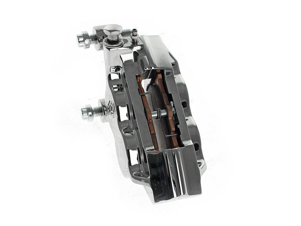 Left Hand Front 4 Piston Caliper - Chrome. Fits Softail 2015up, V-Rod 2006-2017, Touring 2008up & Sportster 2014-2021