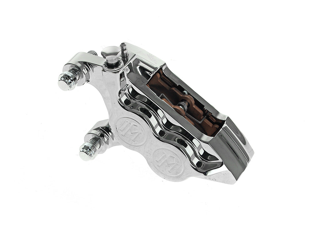 Left Hand Front 4 Piston Caliper - Chrome. Fits Softail 2015up, V-Rod 2006-2017, Touring 2008up & Sportster 2014-2021