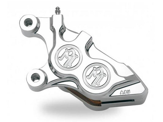 Left Hand Front 4 Piston Caliper - Chrome. Fits Softail 2000-2014, Dyna 2000-2017, Touring 2000-2007 & Sportster 2000-2007 Models with 11.5in. Disc Rotor.
