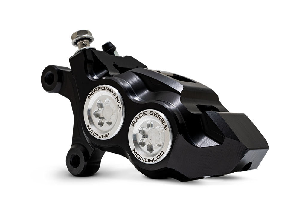 Left Hand Front 4 Piston Race Series Caliper - Black & Chrome. Fits Softail 2015up, V-Rod 2006-2017, Touring Most 2008-2024 & Sportster 2014-2021