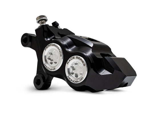 Left Hand Front 4 Piston Race Series Caliper - Black & Chrome. Fits Softail 2015up, V-Rod 2006-2017, Touring Most 2008-2024 & Sportster 2014-2021
