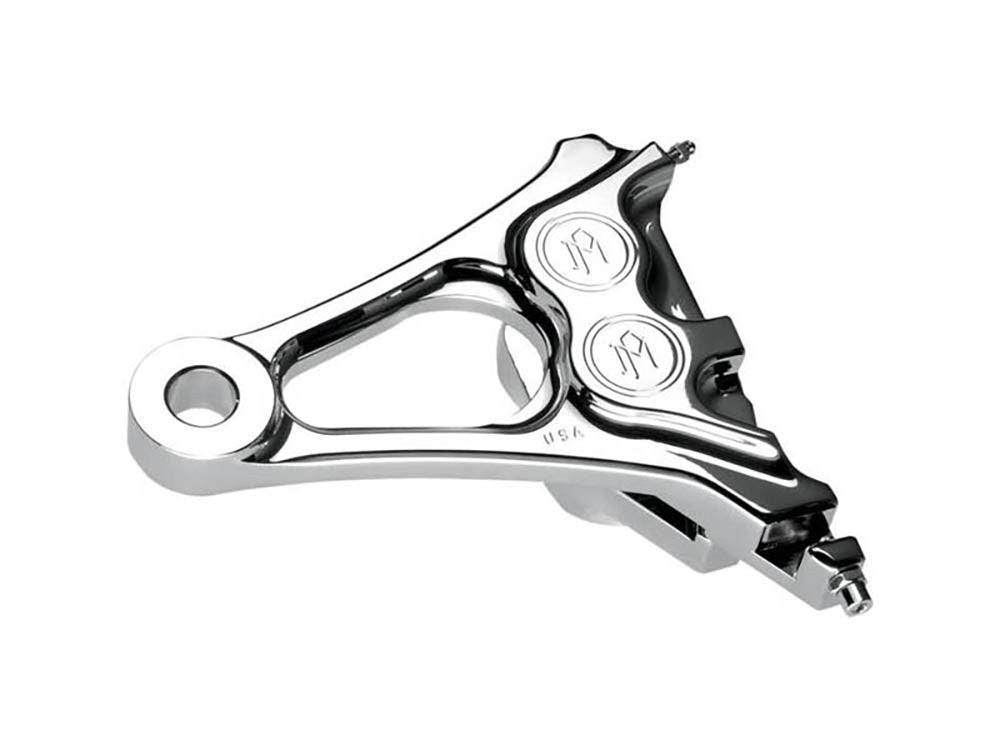 Right Hand Rear Integrated 4 Piston Caliper & Mounting Bracket - Chrome. Fits Softail 2008-2017 & New Phatail Kits with 25mm Axle.