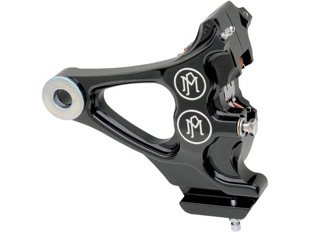 Right Hand Rear Integrated 4 Piston Caliper & Mounting Bracket - Black Contrast Cut. Fits Softail 1987-1999 with 3/4in. Rear Axle.
