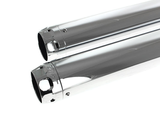 3in. Slip-On Mufflers - Chrome with Chrome Scalloped End Caps. Fits Softail Deuce 2007 & Fat Boy 2007-2017