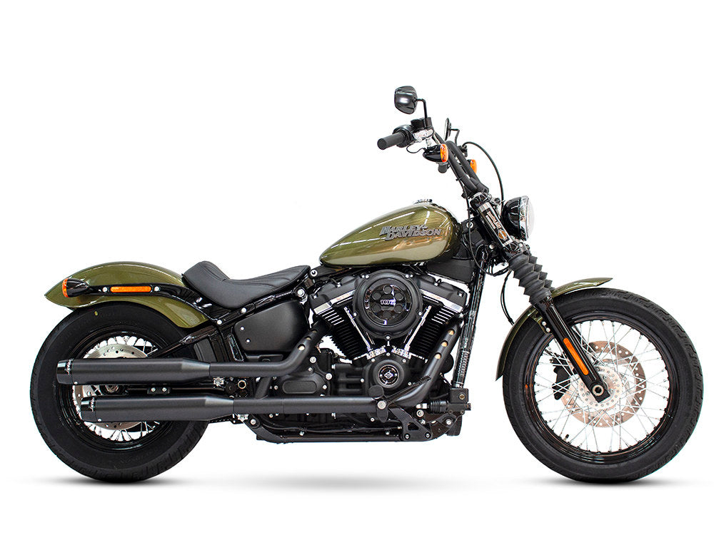 3-1/2in. Slip-On Mufflers - Black with Black Contrast Cut End Caps. Fits Softail Slim, Street Bob, Standard & Low Rider Models 2018-2024 & Breakout & Fat Boy 2018up
