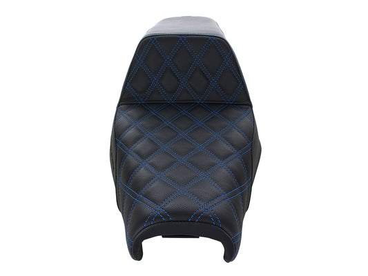 Step-Up LS Dual Seat with Blue Double Diamond Lattice Stitch. Fits Sportster 2004-2021 with 3.3 Gallon Fuel Tank.