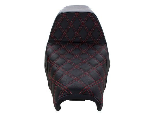 Step-Up LS Dual Seat with Red Double Diamond Lattice Stitch. Fits Sportster 2004-2021 with 3.3 Gallon Fuel Tank.