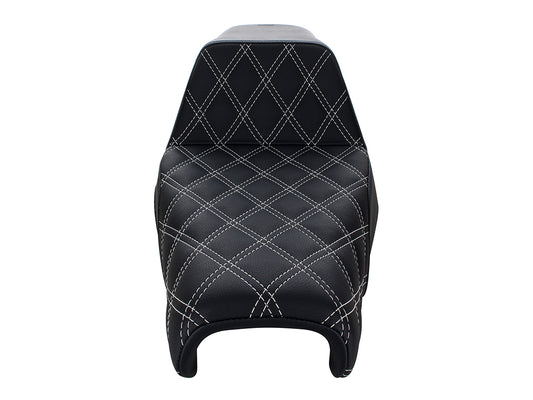Step-Up LS Dual Seat with White Double Diamond Lattice Stitch. Fits Sportster 2004-2021 with 3.3 Gallon Fuel Tank.