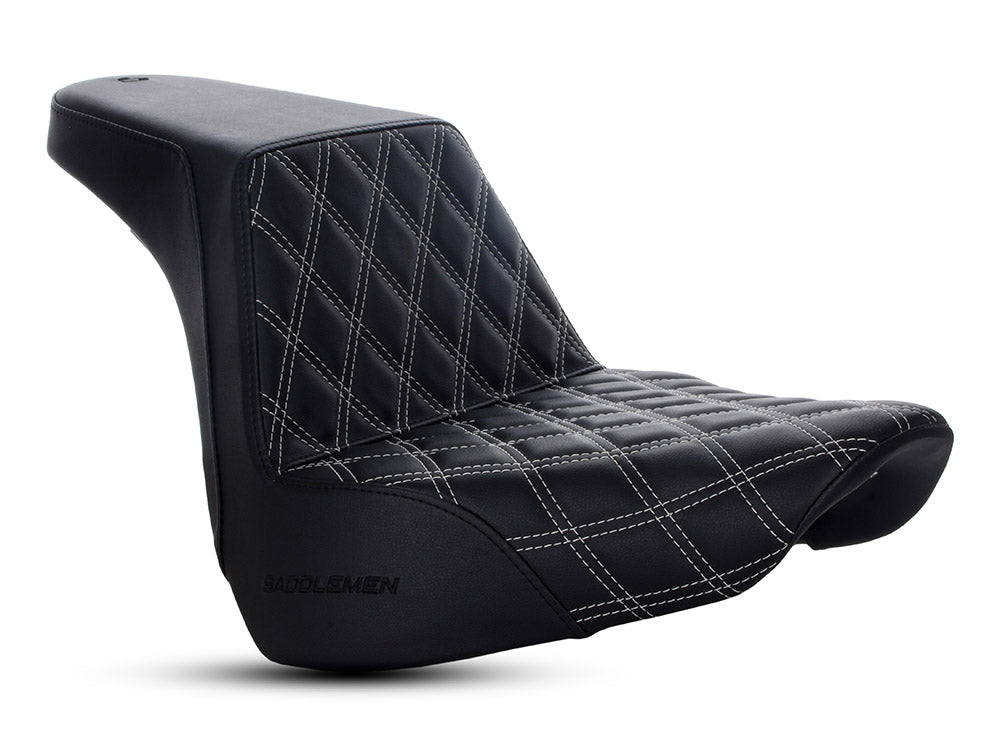 Step-Up Front LS Dual Seat with Silver Double Diamond Lattice Stitch. Fits Fat Boy 2018up & Breakout 2023up