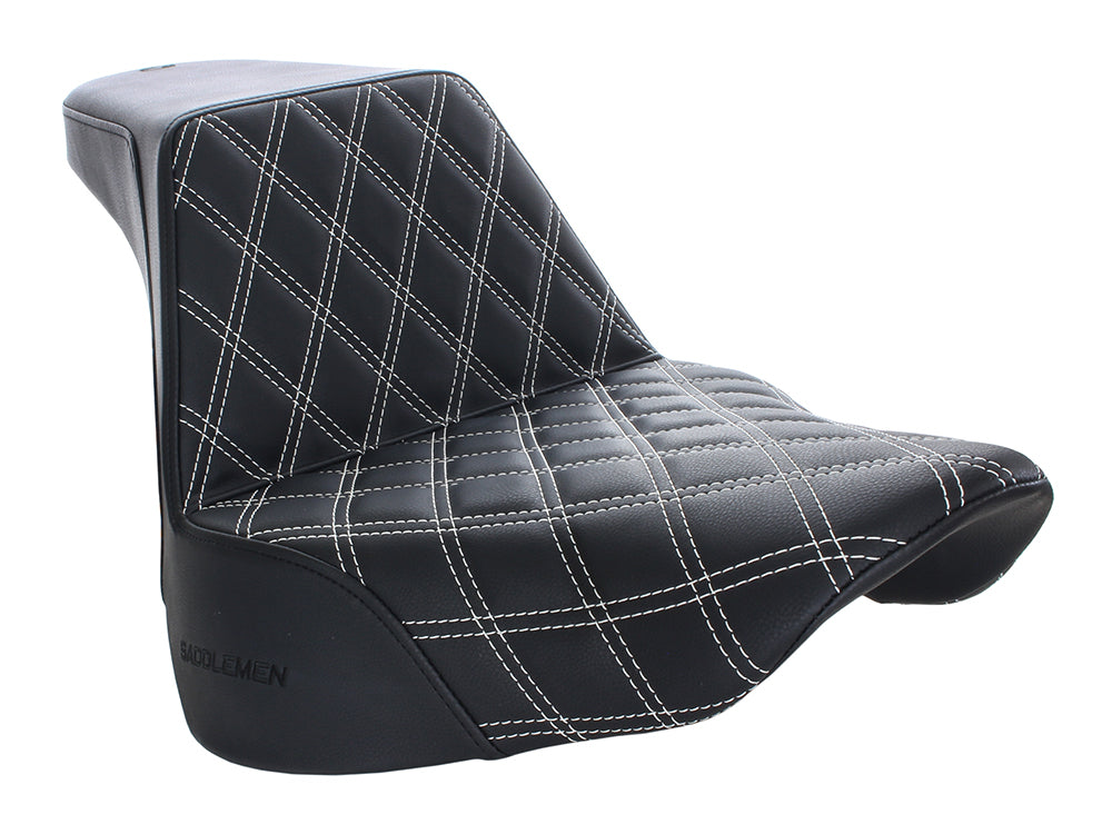 Step-Up Front LS Dual Seat with White Double Diamond Lattice Stitch. Fits Fat Boy 2018up & Breakout 2023up