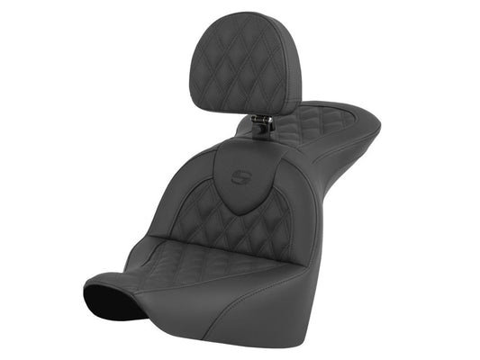 Roadsofa LS Dual Seat With Backrest & with Black Double Diamond Lattice Stitch. Fits Fat Boy 2018up & Breakout 2023up