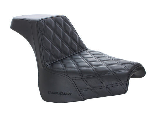 Step-Up LS Dual Seat with Black Double Diamond Lattice Stitch. Fits Fat Bob 2018-2024