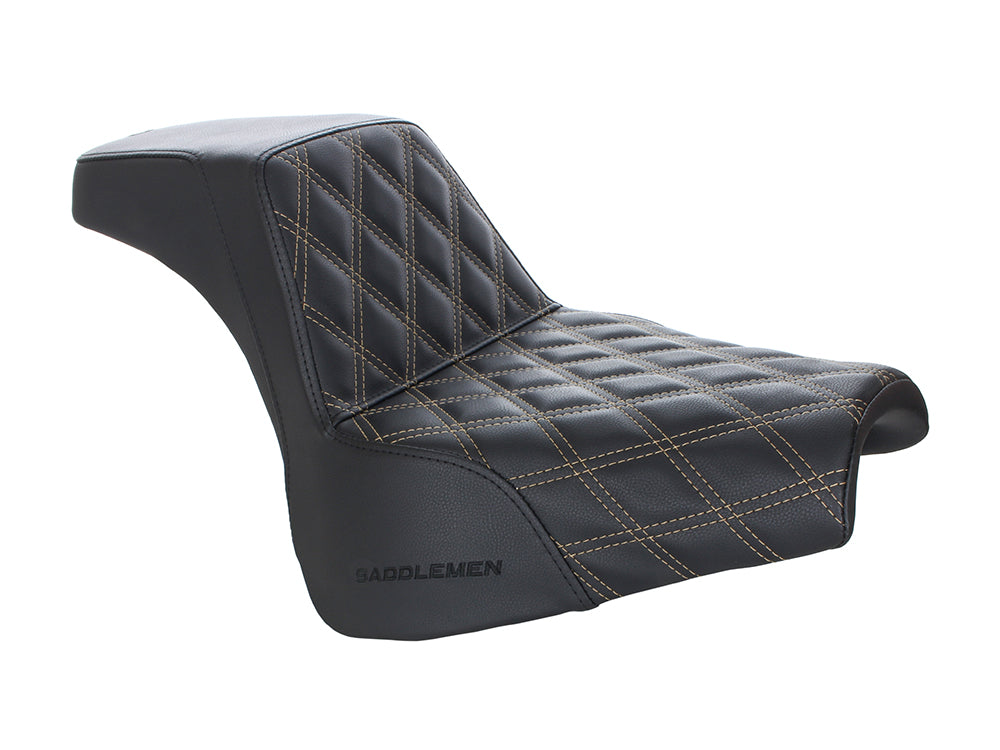 Step-Up LS Dual Seat with Gold Double Diamond Lattice Stitch. Fits Fat Bob 2018-2024